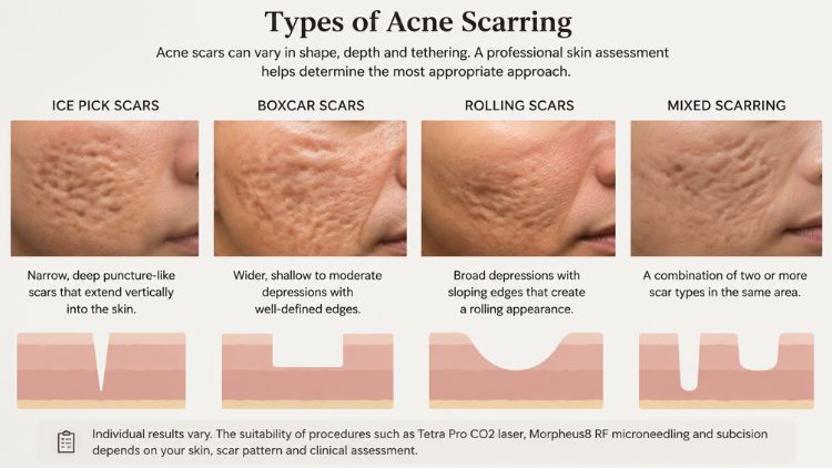 Educational comparison of ice-pick, boxcar, rolling and mixed acne scar patterns