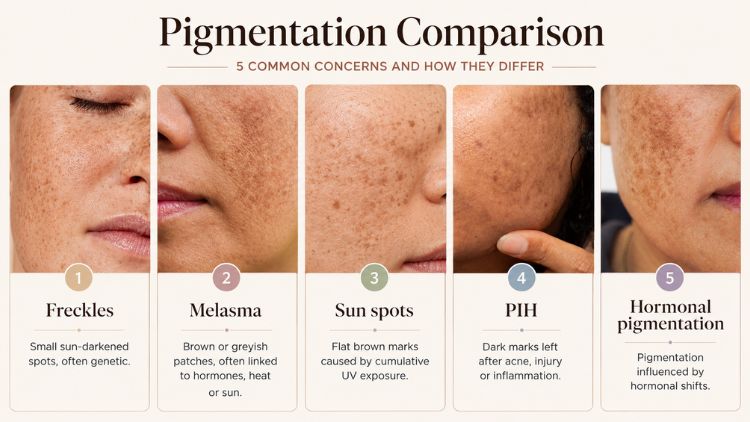 Educational comparison of freckles, melasma, sun spots and post-inflammatory pigmentation