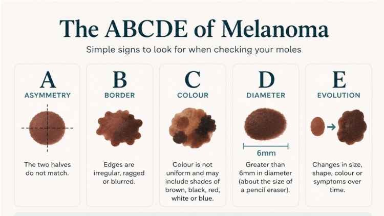Educational ABCDE guide to changes in moles: asymmetry, border, colour, diameter and evolution