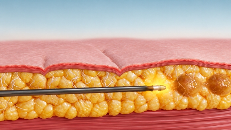 Illustration of a subdermal cannula in skin and fat layers, not a treatment outcome